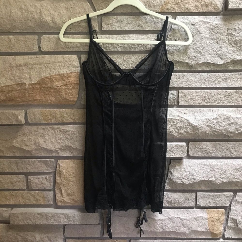 Victoria’s Secret Sheer Mesh Dot Lace Corset Teddy Black Lingerie Pajama XS